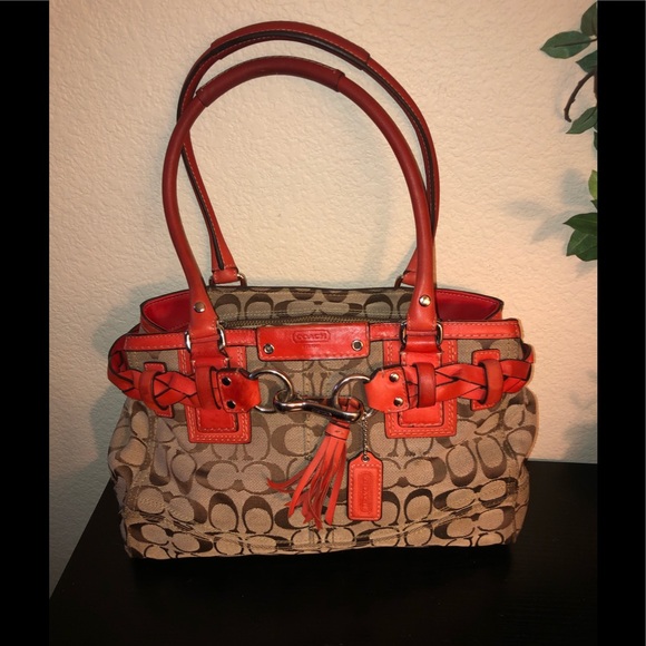 Coach Handbags - Coach Hampton Signature logo canvas satchel with burnt Orange Leather trim.